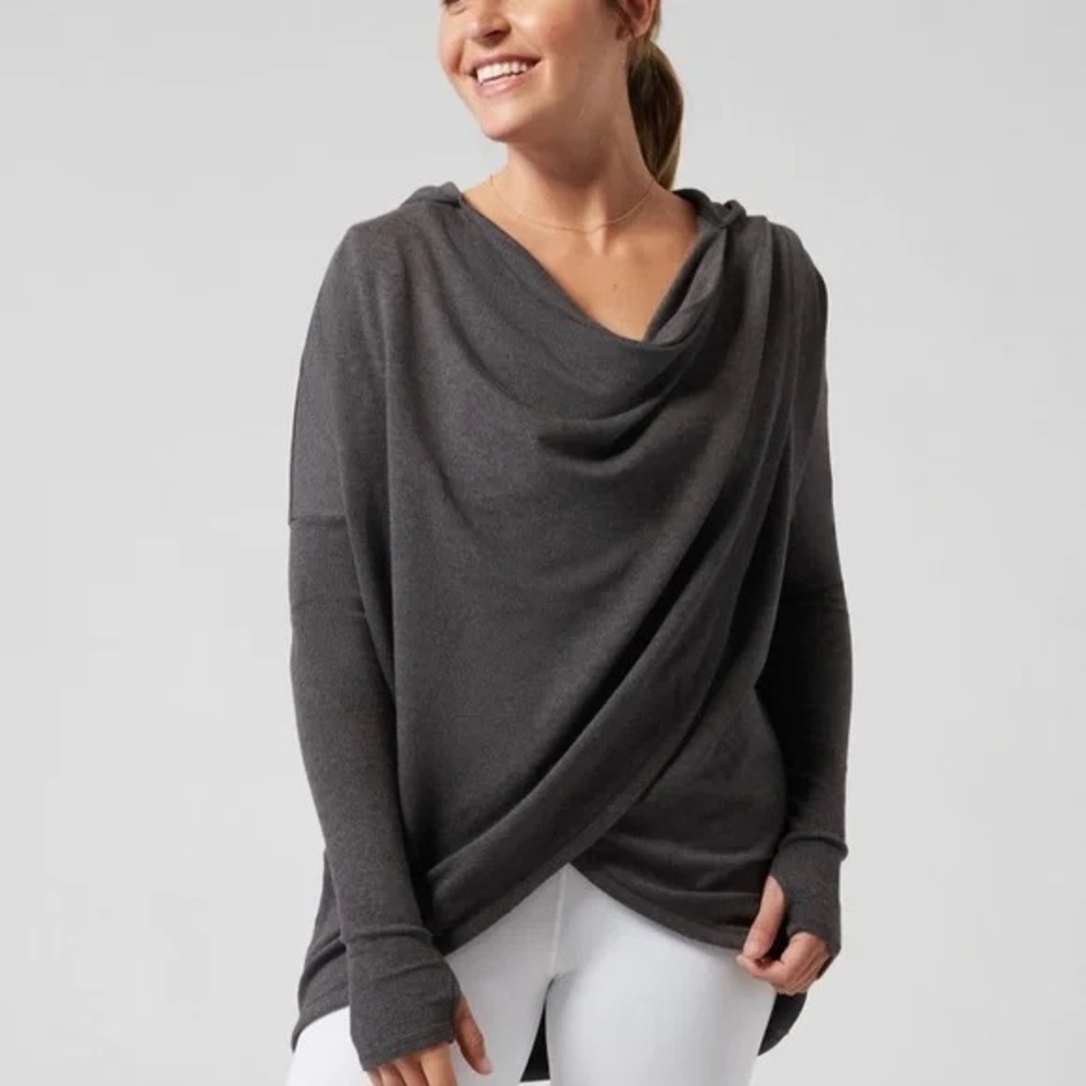 Athleta Purana Wrap Hooded Cardigan Sweater Jacket Size S Charcoal Grey